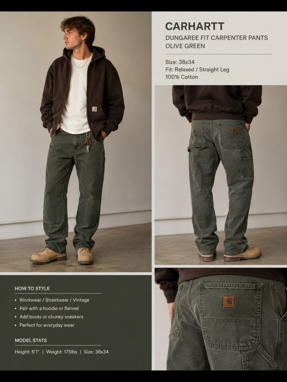 Carhartt Olive Green Relaxed Carpenter Pants Vintage Y2K 38x34